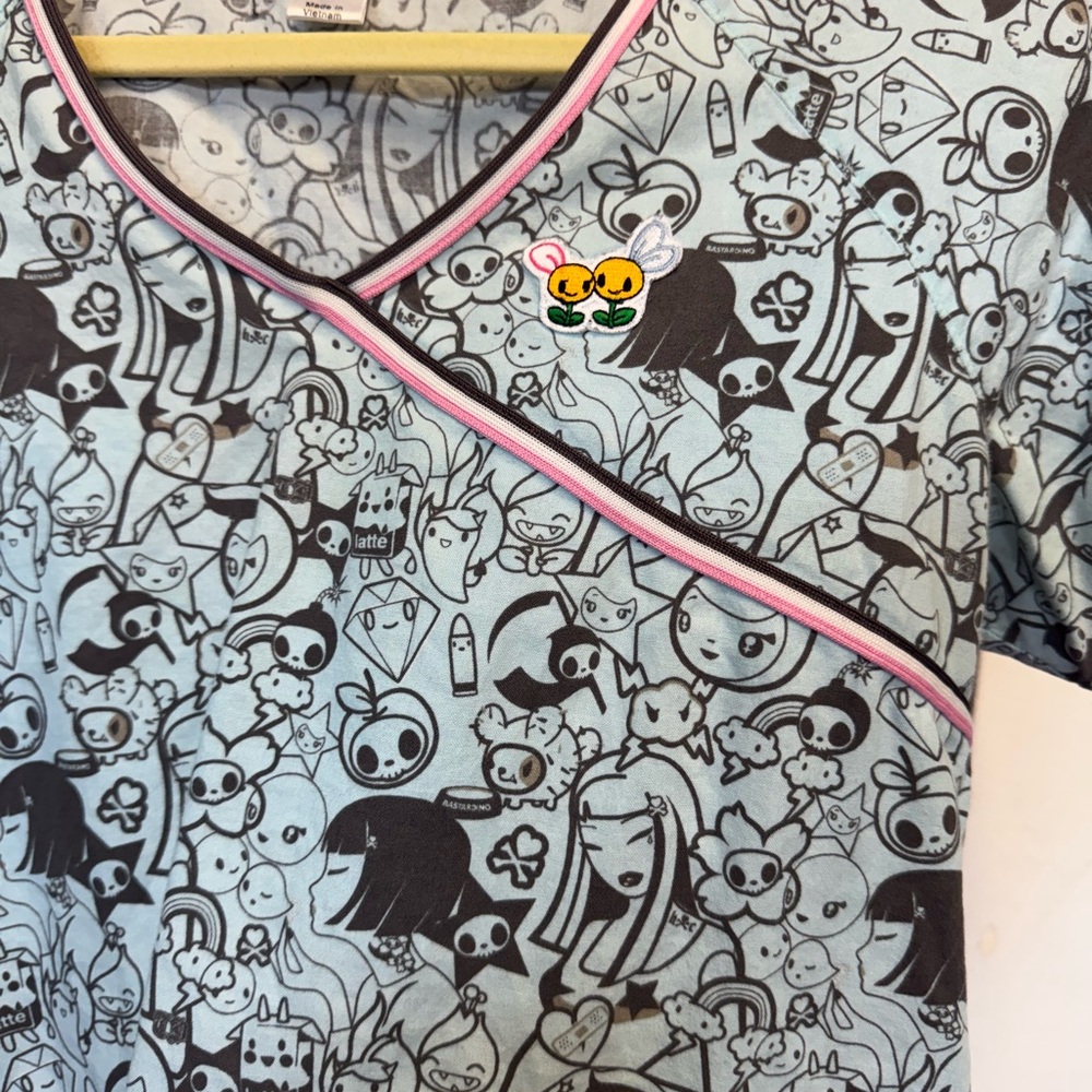 Tokidoki scrub top med, Lt Blue grey & pink with pink Koi pants (small) as a set